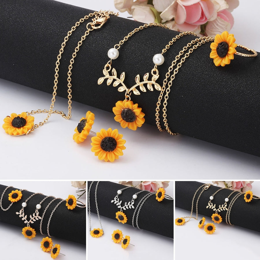 4Pcs/Set Women Jewelry Set Sunflower Shape Vivid Stainless Leaf Decor Women Necklace Ring Jewelry Set for Wedding Image 1