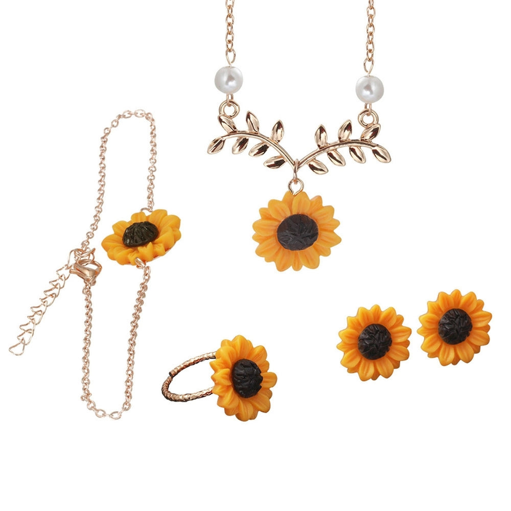 4Pcs/Set Women Jewelry Set Sunflower Shape Vivid Stainless Leaf Decor Women Necklace Ring Jewelry Set for Wedding Image 2