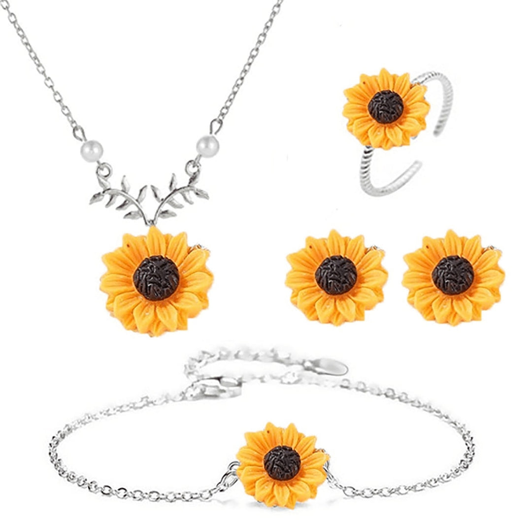4Pcs/Set Women Jewelry Set Sunflower Shape Vivid Stainless Leaf Decor Women Necklace Ring Jewelry Set for Wedding Image 3