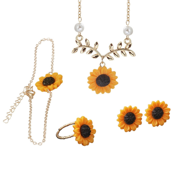 4Pcs/Set Women Jewelry Set Sunflower Shape Vivid Stainless Leaf Decor Women Necklace Ring Jewelry Set for Wedding Image 4
