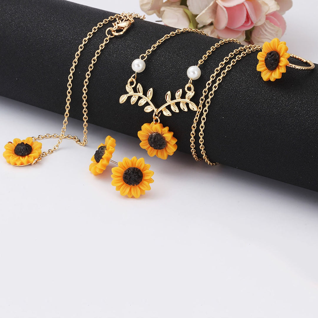 4Pcs/Set Women Jewelry Set Sunflower Shape Vivid Stainless Leaf Decor Women Necklace Ring Jewelry Set for Wedding Image 4
