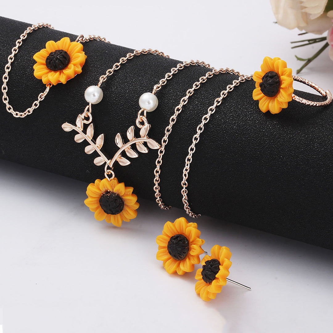 4Pcs/Set Women Jewelry Set Sunflower Shape Vivid Stainless Leaf Decor Women Necklace Ring Jewelry Set for Wedding Image 6
