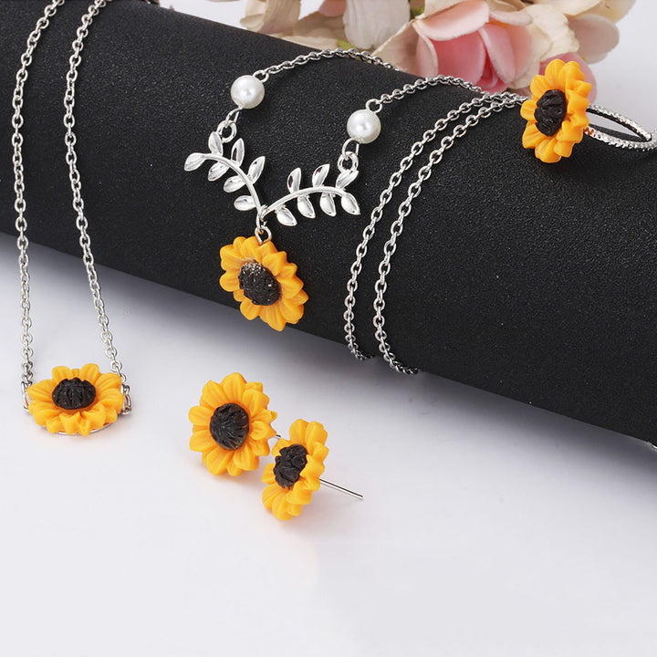 4Pcs/Set Women Jewelry Set Sunflower Shape Vivid Stainless Leaf Decor Women Necklace Ring Jewelry Set for Wedding Image 7
