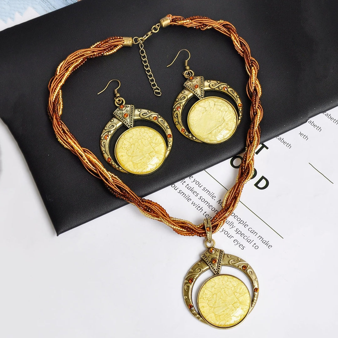 2Pcs/Set Bohemian Unique Carved Round Earrings Necklace Set Multilayer Beads Chain Pendant Necklace Hook Earrings Image 7