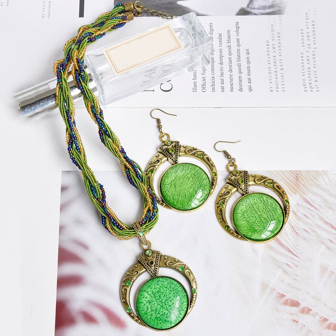 2Pcs/Set Bohemian Unique Carved Round Earrings Necklace Set Multilayer Beads Chain Pendant Necklace Hook Earrings Image 11