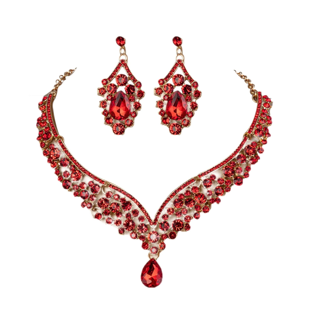 1 Set Bridal Earrings Necklace Water Drop-shaped Rhinestones Jewelry Geometric Adjustable Jewelry Set for Wedding Image 3