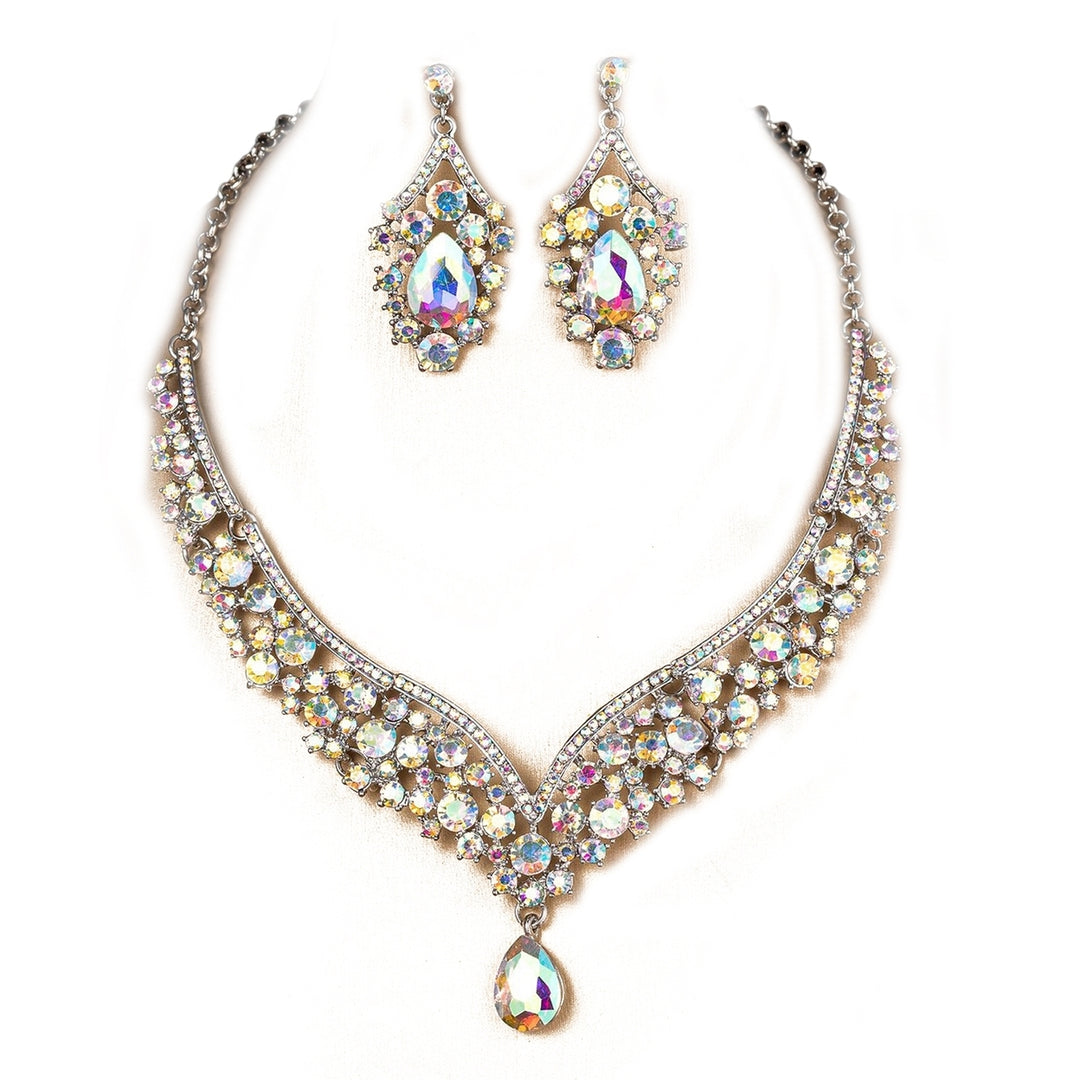 1 Set Bridal Earrings Necklace Water Drop-shaped Rhinestones Jewelry Geometric Adjustable Jewelry Set for Wedding Image 6