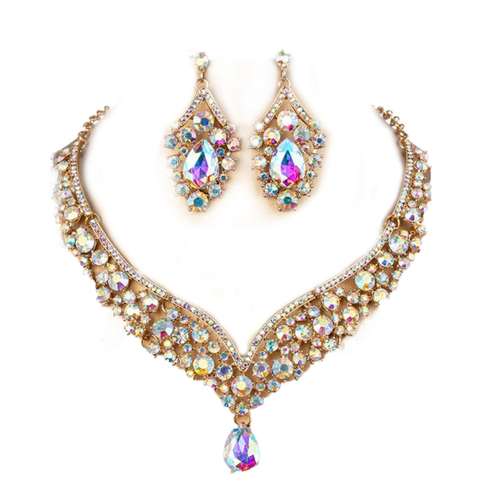 1 Set Bridal Earrings Necklace Water Drop-shaped Rhinestones Jewelry Geometric Adjustable Jewelry Set for Wedding Image 7