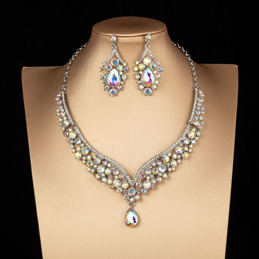 1 Set Bridal Earrings Necklace Water Drop-shaped Rhinestones Jewelry Geometric Adjustable Jewelry Set for Wedding Image 9