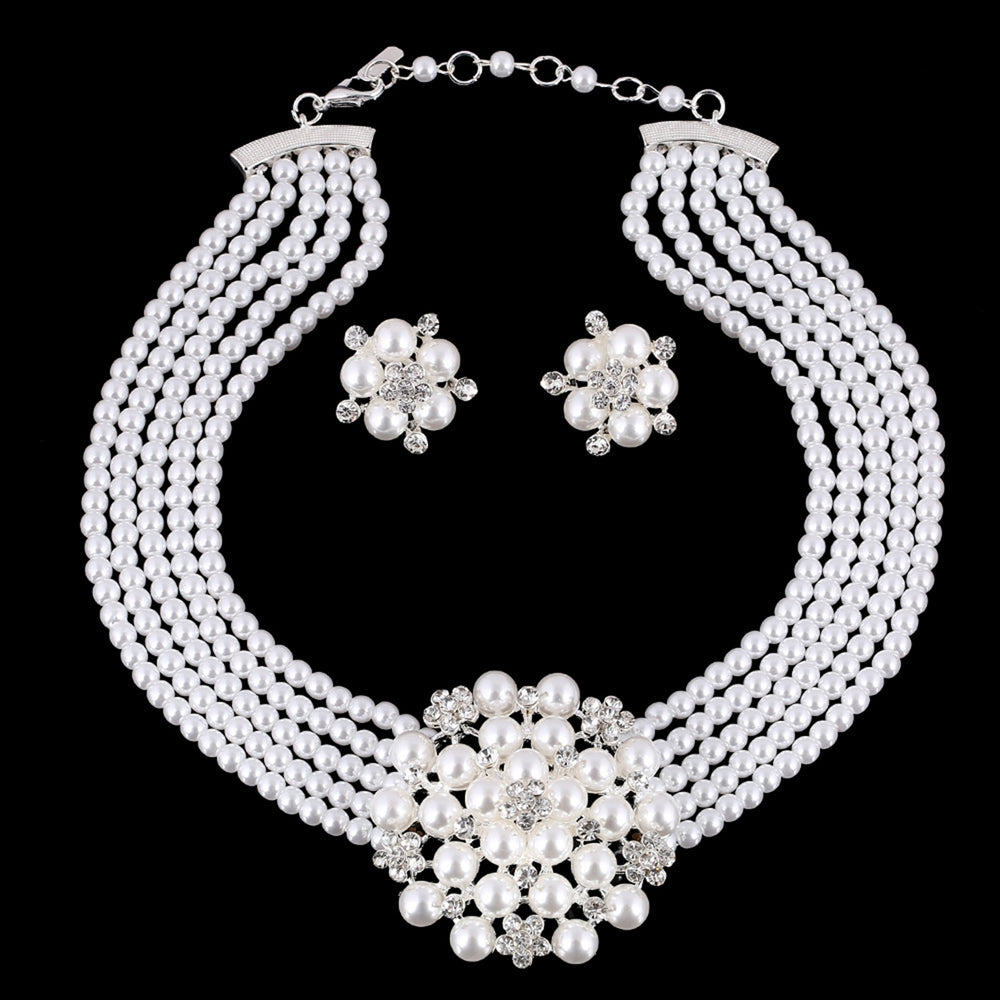 1 Set Necklace Earrings Set High Gloss Shiny Bright Luster Knotted Beaded Faux Pearl Flower Wedding Bridal Necklace Image 2