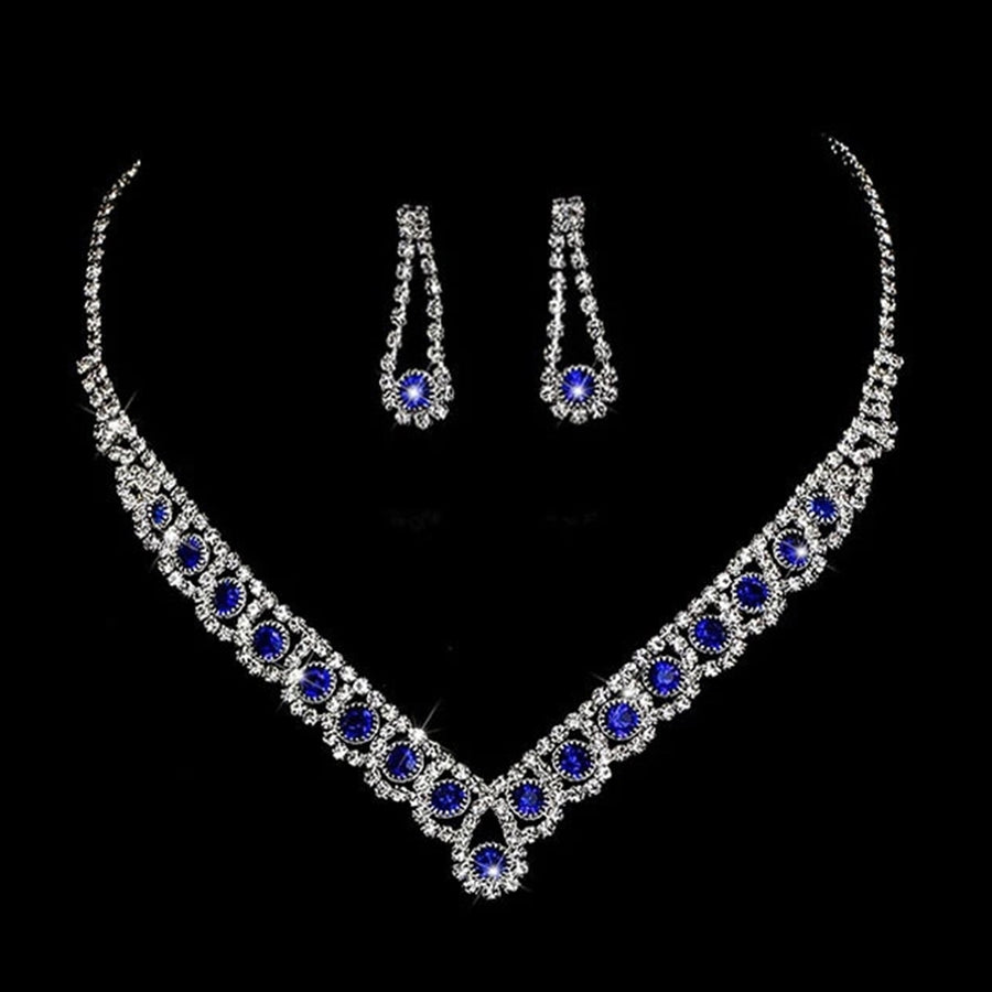 1 Set Bride Necklace Elegant Bling Blue Rhinestone Ladies Necklace Waterdrop Earrings Kit Wedding Jewelry Image 1