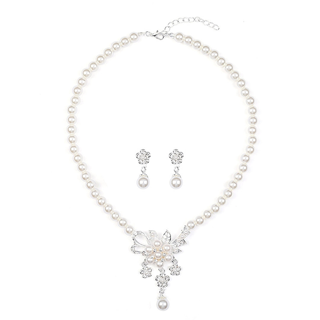 1 Set Women Necklace Beaded Glossy Faux Pearls Rhinestone Embedded Flower Bride Necklace Stud Earrings Kit Wedding Image 2