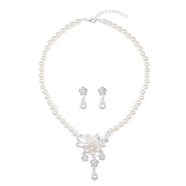 1 Set Women Necklace Beaded Glossy Faux Pearls Rhinestone Embedded Flower Bride Necklace Stud Earrings Kit Wedding Image 1