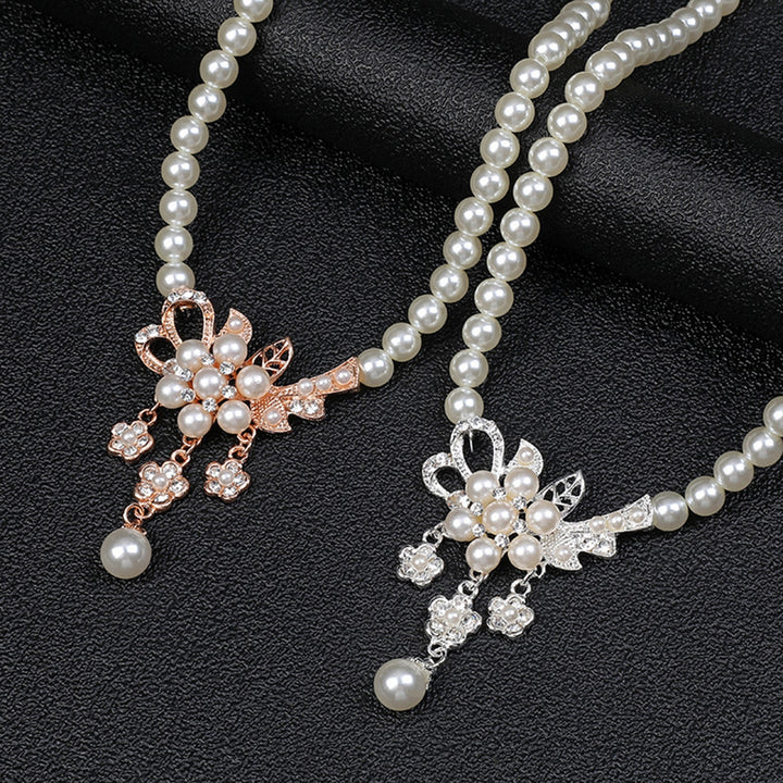 1 Set Women Necklace Beaded Glossy Faux Pearls Rhinestone Embedded Flower Bride Necklace Stud Earrings Kit Wedding Image 6