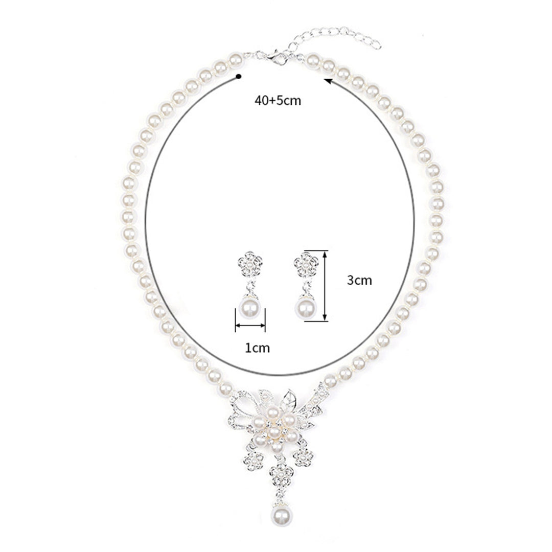 1 Set Women Necklace Beaded Glossy Faux Pearls Rhinestone Embedded Flower Bride Necklace Stud Earrings Kit Wedding Image 7