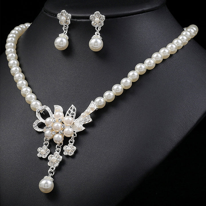 1 Set Women Necklace Beaded Glossy Faux Pearls Rhinestone Embedded Flower Bride Necklace Stud Earrings Kit Wedding Image 8