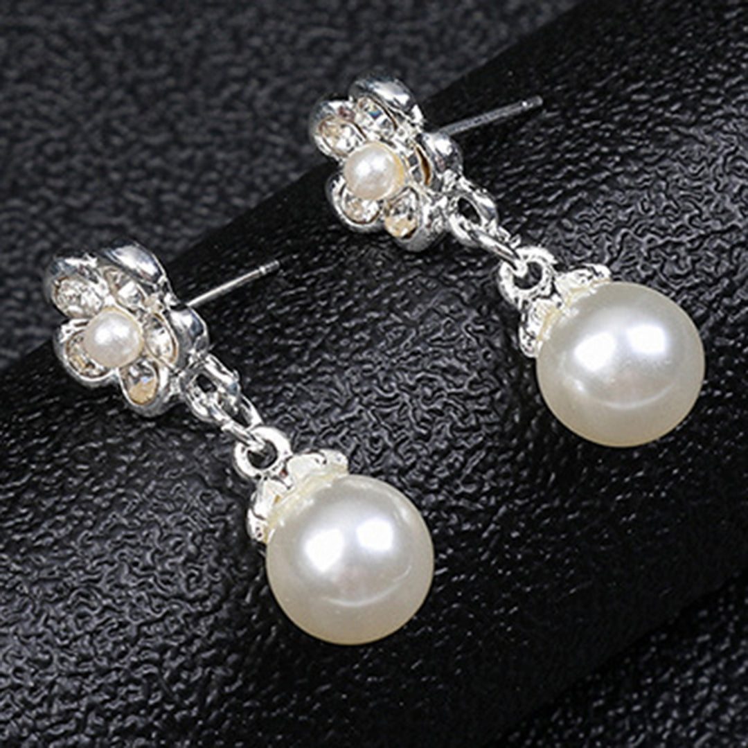 1 Set Women Necklace Beaded Glossy Faux Pearls Rhinestone Embedded Flower Bride Necklace Stud Earrings Kit Wedding Image 10