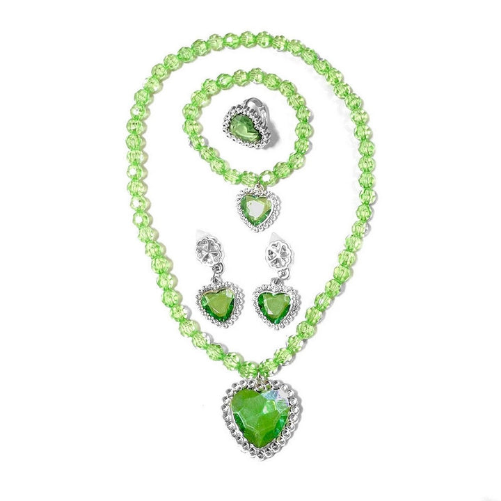 1 Set Girls Necklace Toy Colored Beaded Elegant Pretend Play Rhinestone Love Heart Bracelet Earring Ring Kit Princess Image 1