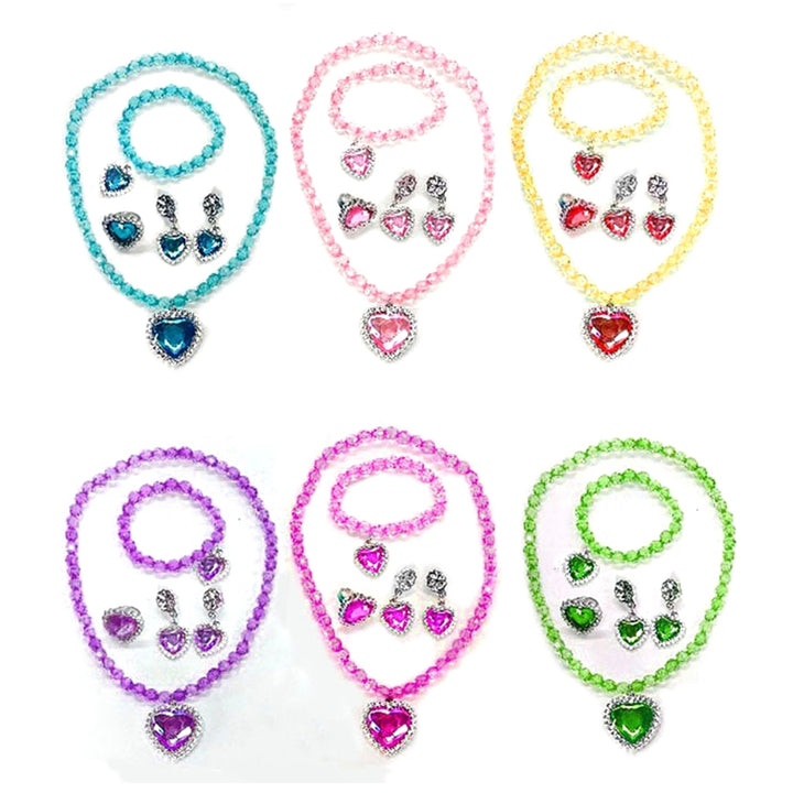 1 Set Girls Necklace Toy Colored Beaded Elegant Pretend Play Rhinestone Love Heart Bracelet Earring Ring Kit Princess Image 8