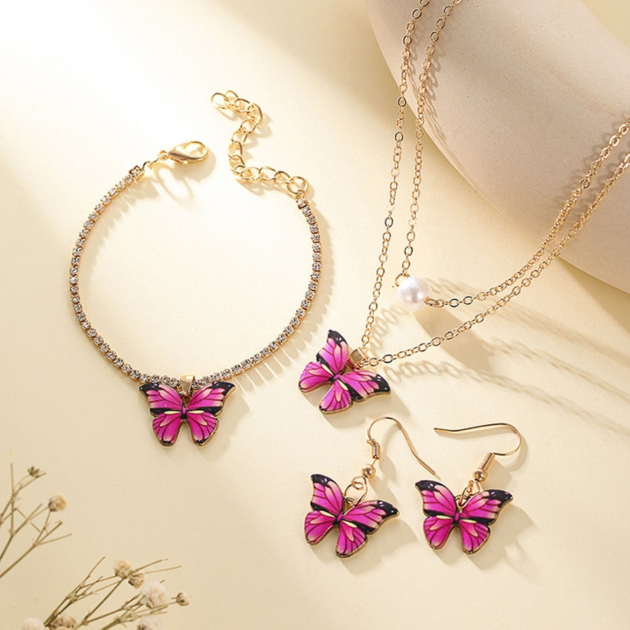 3Pcs/Set Party Jewelry Faux Pearl Dark Pink Butterfly Electroplating Jewelry Set Necklace Earrings Bracelet Women Image 1