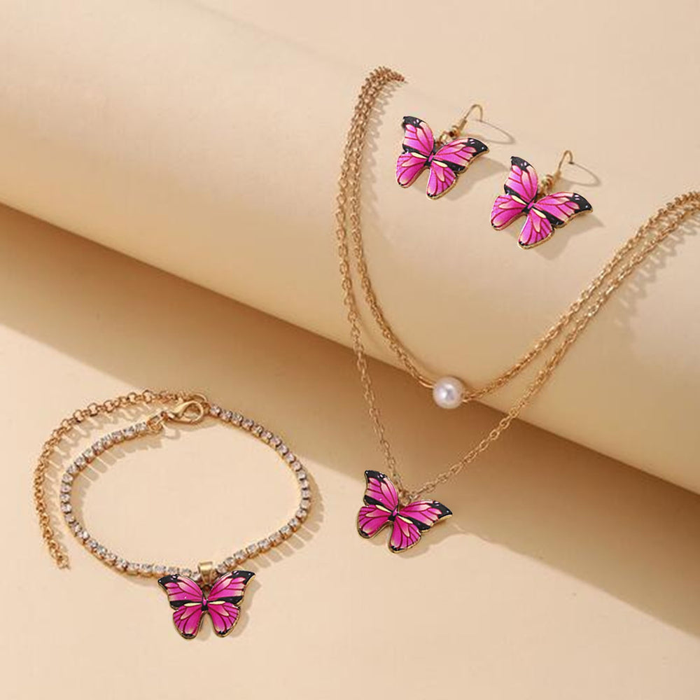3Pcs/Set Party Jewelry Faux Pearl Dark Pink Butterfly Electroplating Jewelry Set Necklace Earrings Bracelet Women Image 2