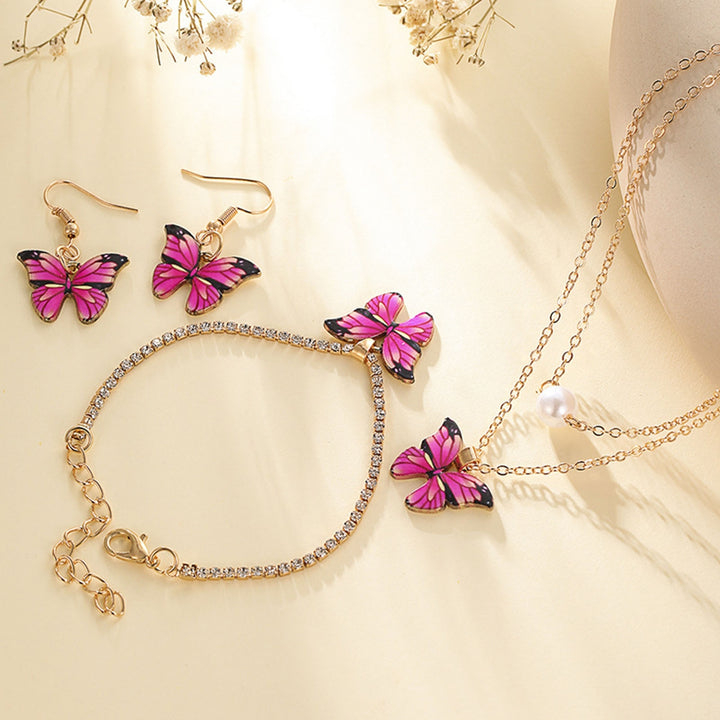 3Pcs/Set Party Jewelry Faux Pearl Dark Pink Butterfly Electroplating Jewelry Set Necklace Earrings Bracelet Women Image 4