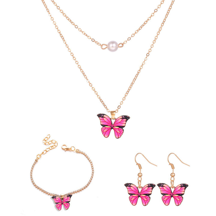 3Pcs/Set Party Jewelry Faux Pearl Dark Pink Butterfly Electroplating Jewelry Set Necklace Earrings Bracelet Women Image 4