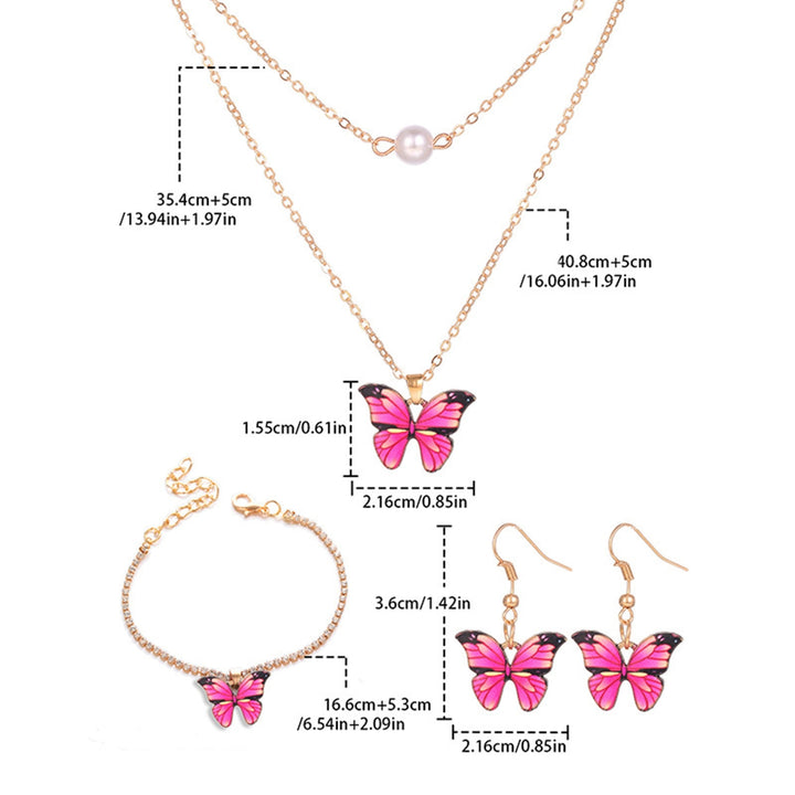 3Pcs/Set Party Jewelry Faux Pearl Dark Pink Butterfly Electroplating Jewelry Set Necklace Earrings Bracelet Women Image 6