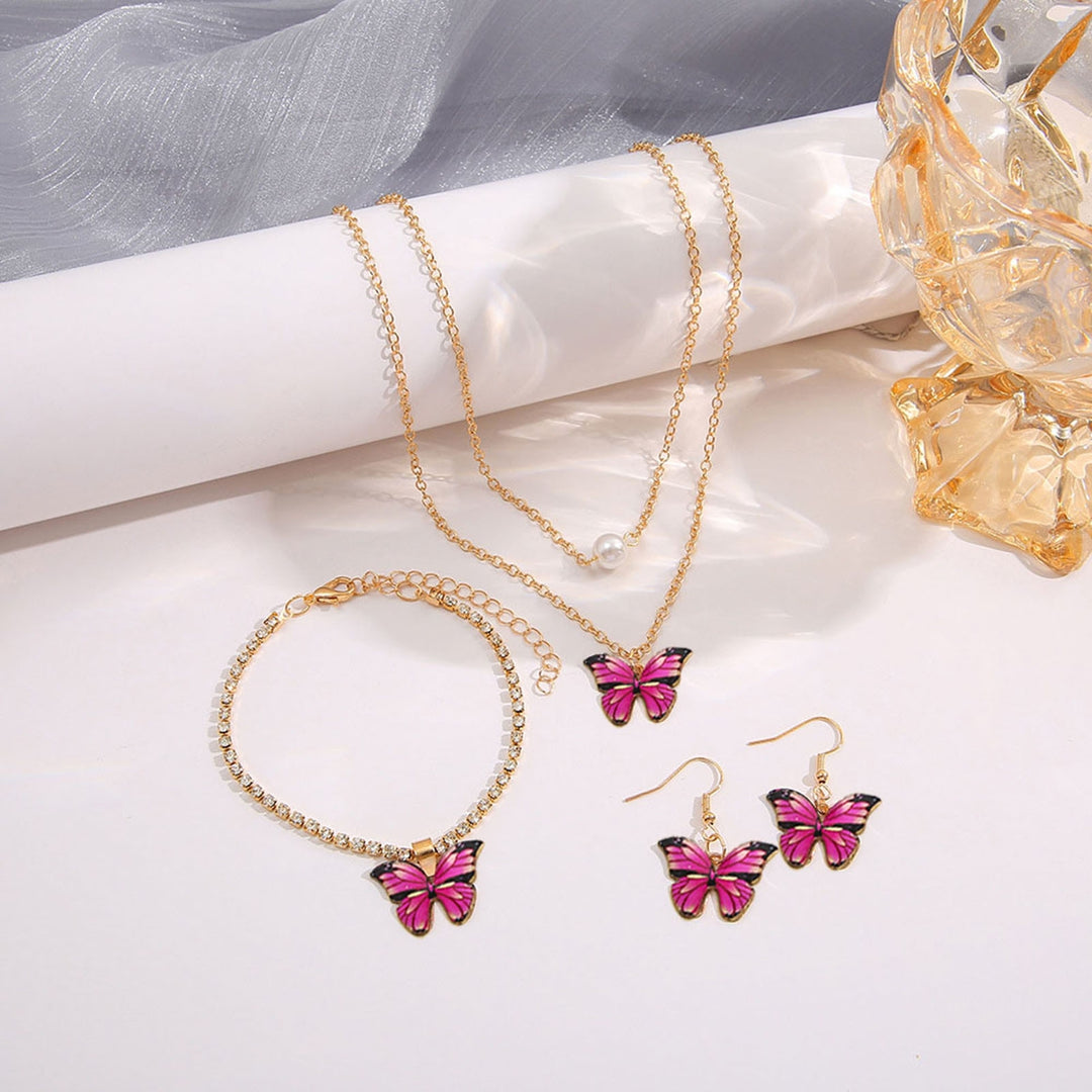 3Pcs/Set Party Jewelry Faux Pearl Dark Pink Butterfly Electroplating Jewelry Set Necklace Earrings Bracelet Women Image 7
