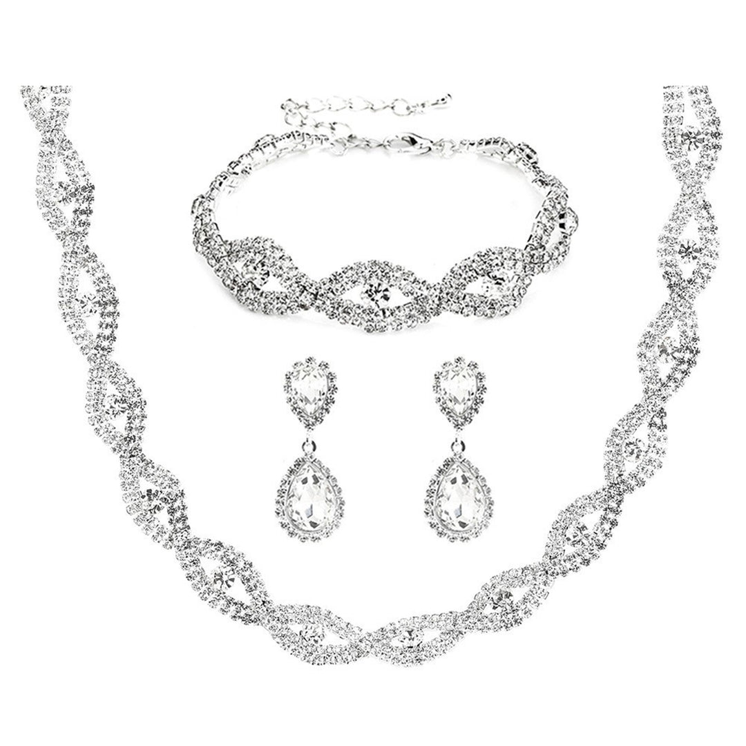 3Pcs Jewelry Set Rhinestone Teardrop Pendant Faux Crystal Choker Necklace Bracelet Earrings Wedding Party Accessory Image 1