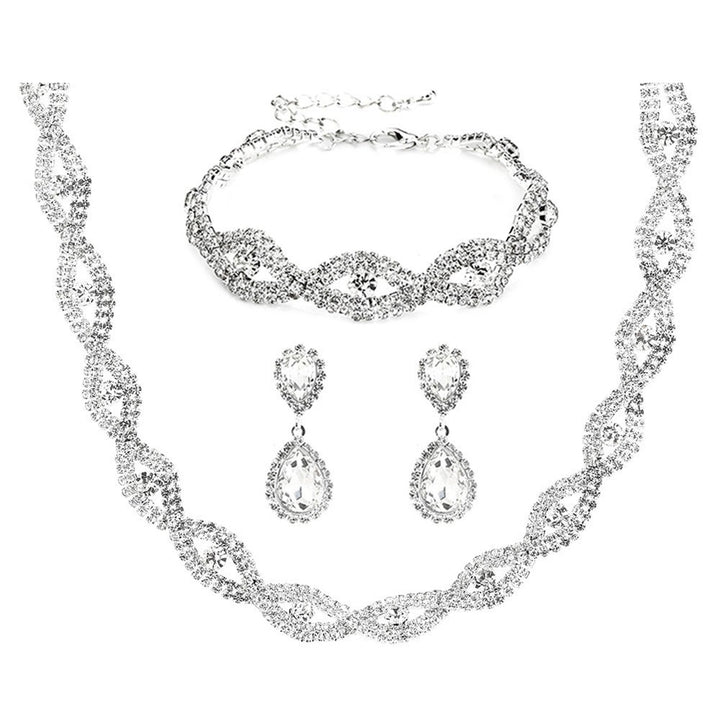 3Pcs Jewelry Set Rhinestone Teardrop Pendant Faux Crystal Choker Necklace Bracelet Earrings Wedding Party Accessory Image 1