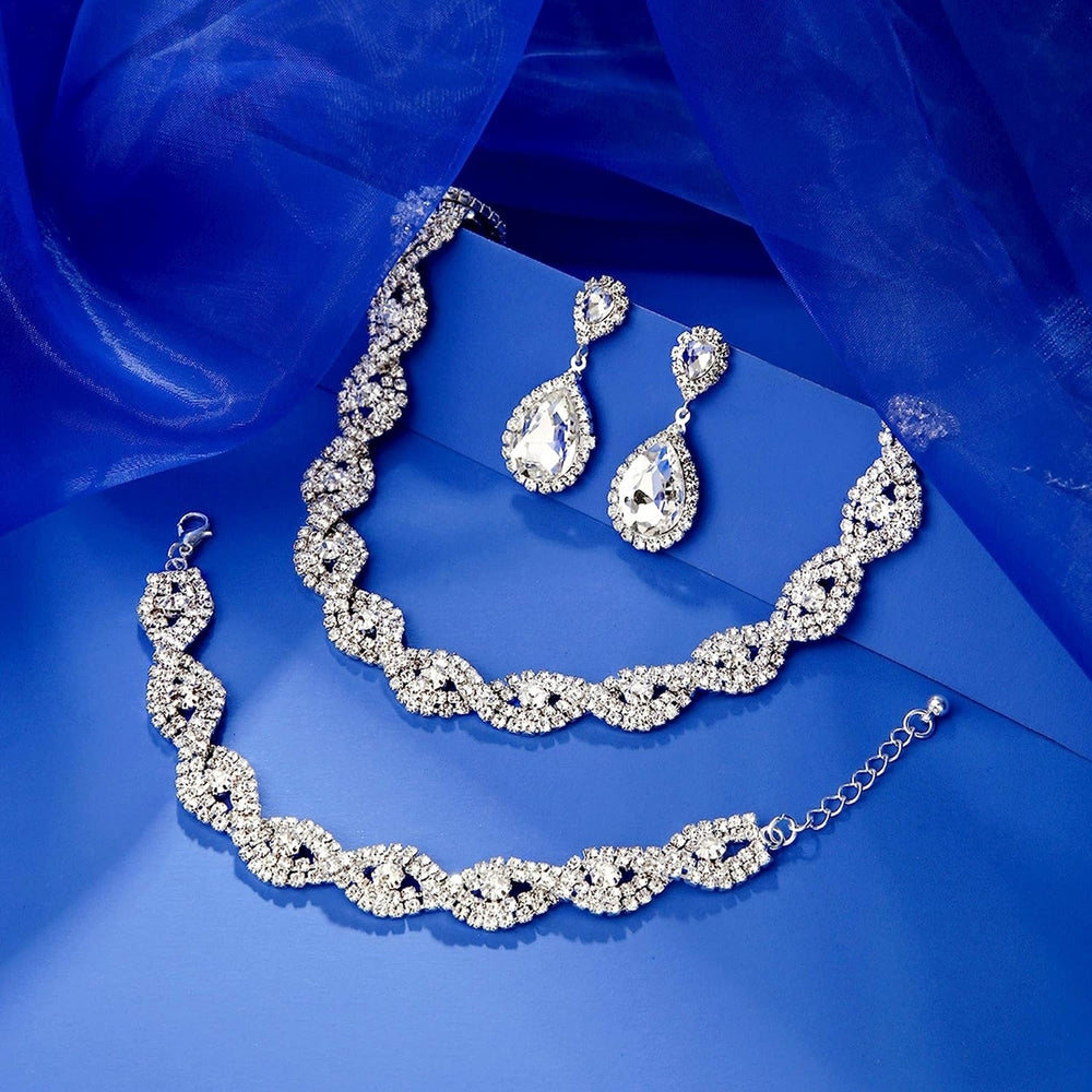 3Pcs Jewelry Set Rhinestone Teardrop Pendant Faux Crystal Choker Necklace Bracelet Earrings Wedding Party Accessory Image 2
