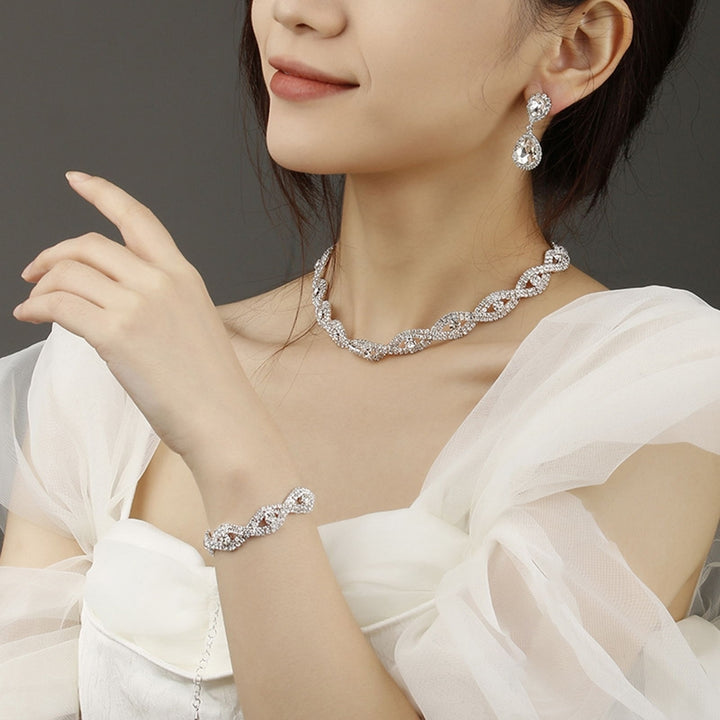 3Pcs Jewelry Set Rhinestone Teardrop Pendant Faux Crystal Choker Necklace Bracelet Earrings Wedding Party Accessory Image 3