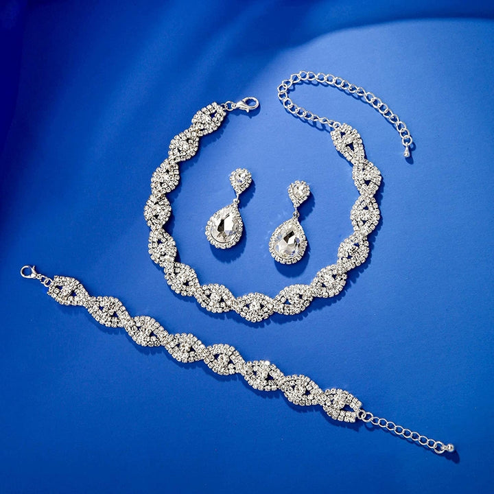 3Pcs Jewelry Set Rhinestone Teardrop Pendant Faux Crystal Choker Necklace Bracelet Earrings Wedding Party Accessory Image 4