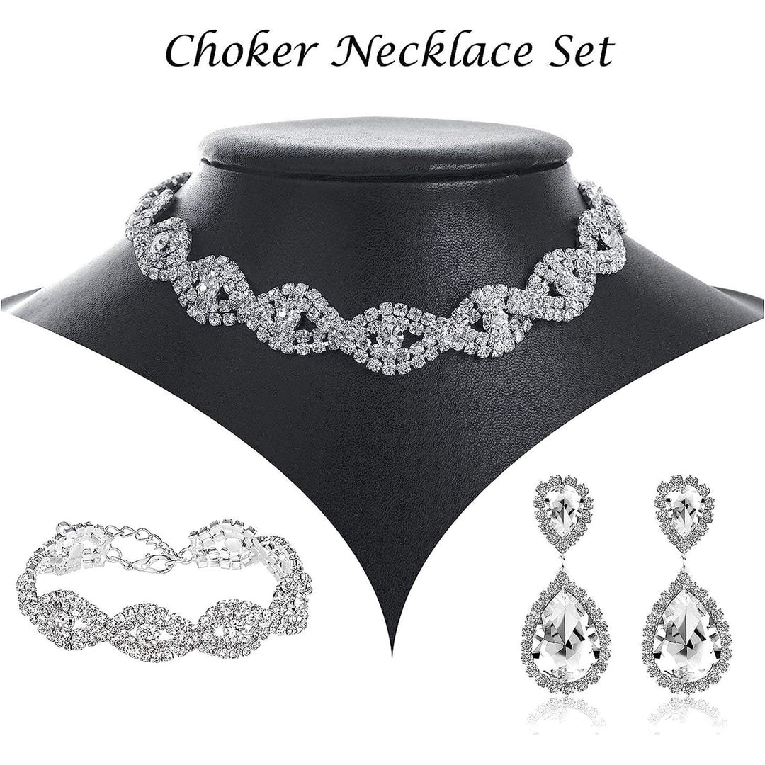 3Pcs Jewelry Set Rhinestone Teardrop Pendant Faux Crystal Choker Necklace Bracelet Earrings Wedding Party Accessory Image 4