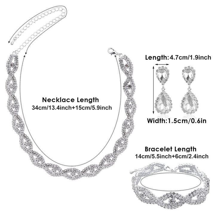 3Pcs Jewelry Set Rhinestone Teardrop Pendant Faux Crystal Choker Necklace Bracelet Earrings Wedding Party Accessory Image 6