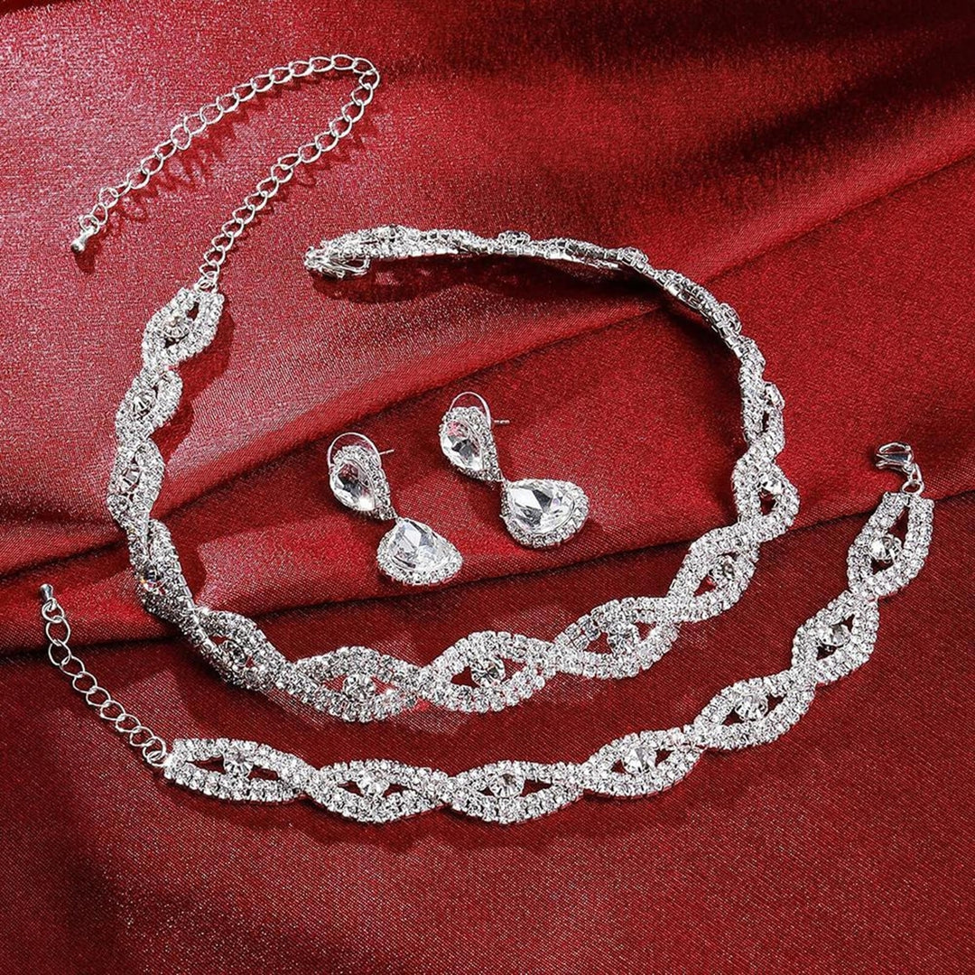 3Pcs Jewelry Set Rhinestone Teardrop Pendant Faux Crystal Choker Necklace Bracelet Earrings Wedding Party Accessory Image 7