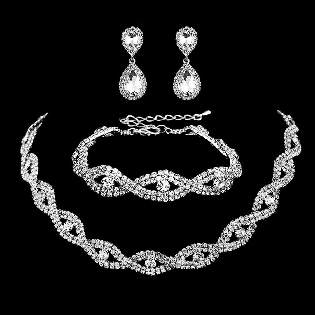 3Pcs Jewelry Set Rhinestone Teardrop Pendant Faux Crystal Choker Necklace Bracelet Earrings Wedding Party Accessory Image 9