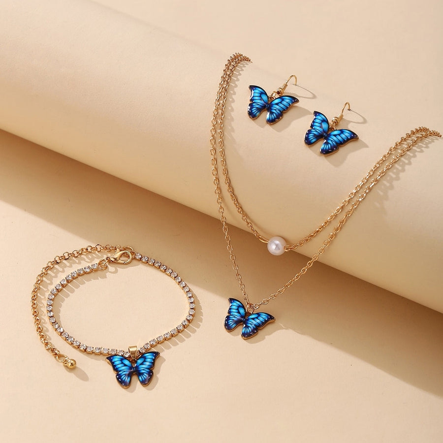 1 Set Dual Layers Butterflies Necklace Elegant Earrings Rhinestone Inlay Bracelet Jewelry Kit Fashion Accessories Gift Image 1