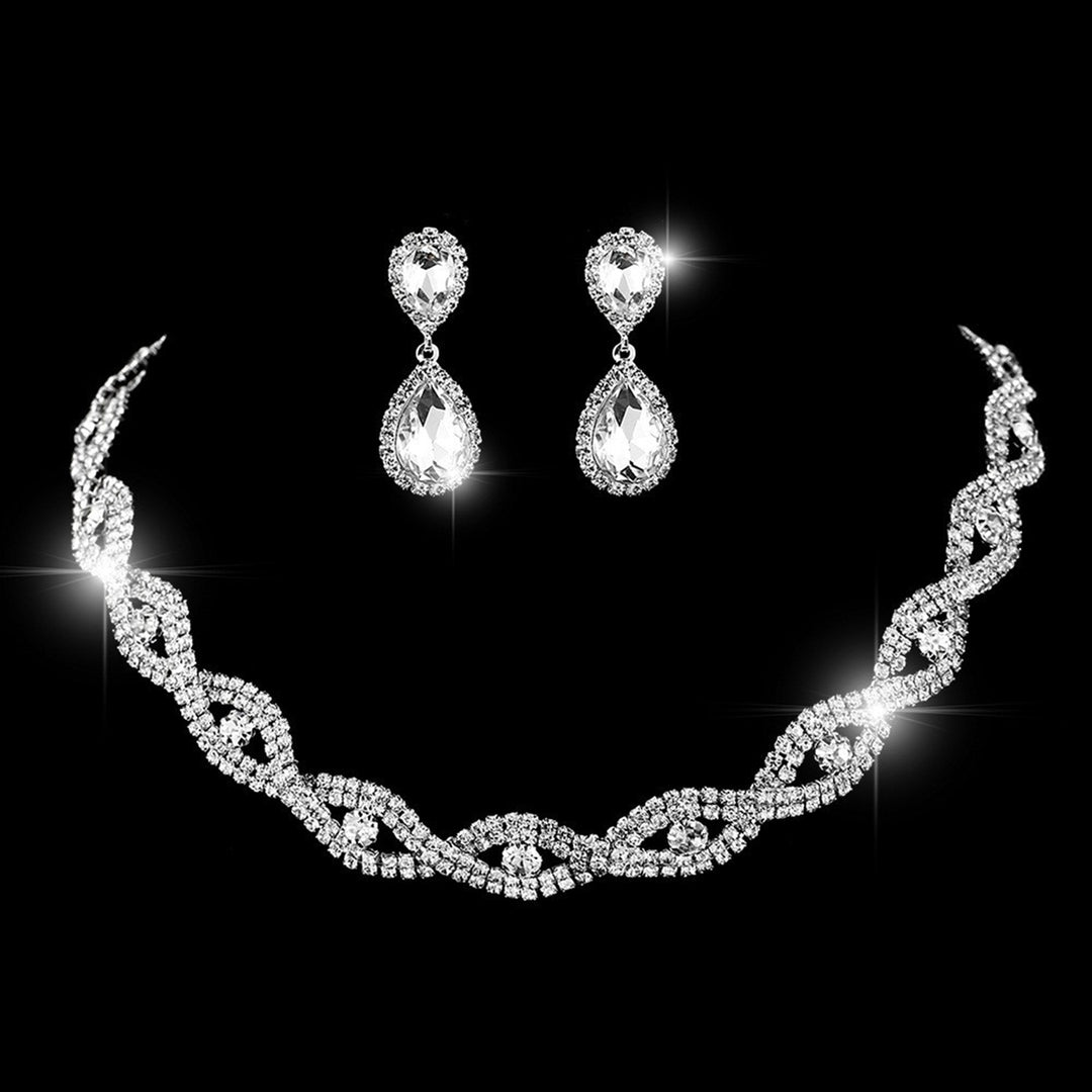 3Pcs Jewelry Set Rhinestone Teardrop Pendant Faux Crystal Choker Necklace Bracelet Earrings Wedding Party Accessory Image 10