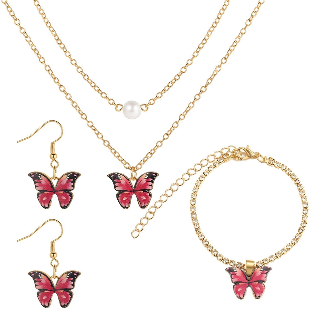 1 Set Dual Layers Butterflies Necklace Elegant Earrings Rhinestone Inlay Bracelet Jewelry Kit Fashion Accessories Gift Image 2
