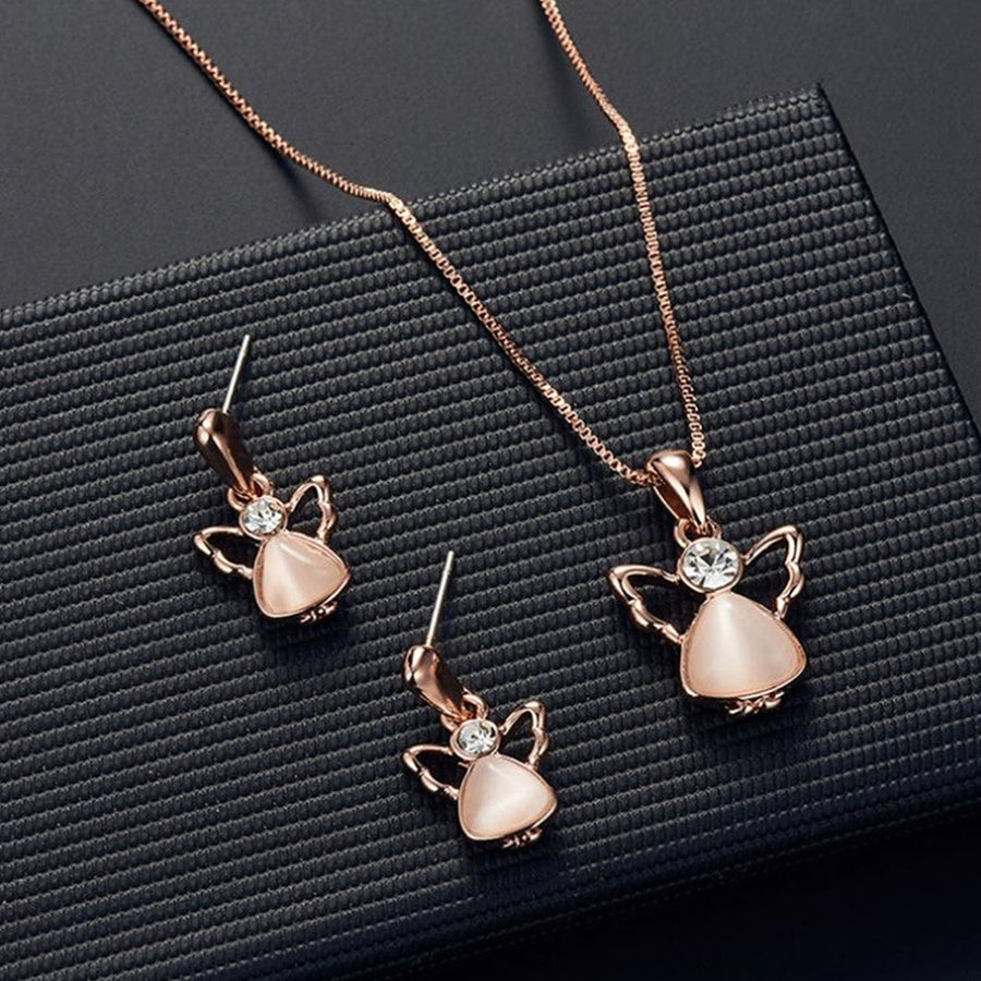 1 Set Women Necklace Earring Set Angle Wing Shape Hollow Out Rhinestone Polished Stainless Exquisite Ear Neck Decoration Image 1