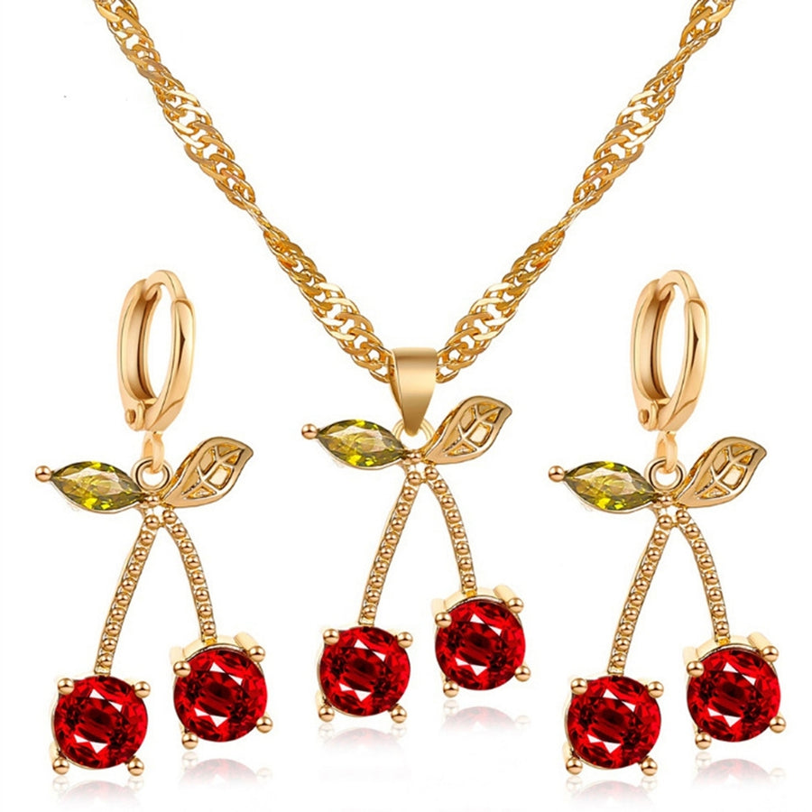 1 Set Necklace Earring Suit Cute Gemstone Cherry Womens Simple Versatile Faux Crystal Necklace Accessories Image 1