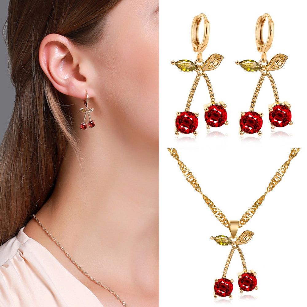 1 Set Necklace Earring Suit Cute Gemstone Cherry Womens Simple Versatile Faux Crystal Necklace Accessories Image 2