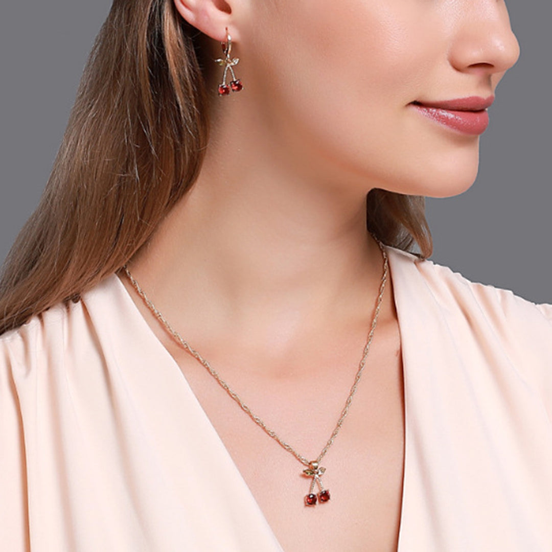 1 Set Necklace Earring Suit Cute Gemstone Cherry Womens Simple Versatile Faux Crystal Necklace Accessories Image 3