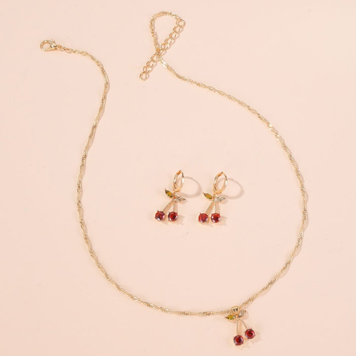 1 Set Necklace Earring Suit Cute Gemstone Cherry Womens Simple Versatile Faux Crystal Necklace Accessories Image 4
