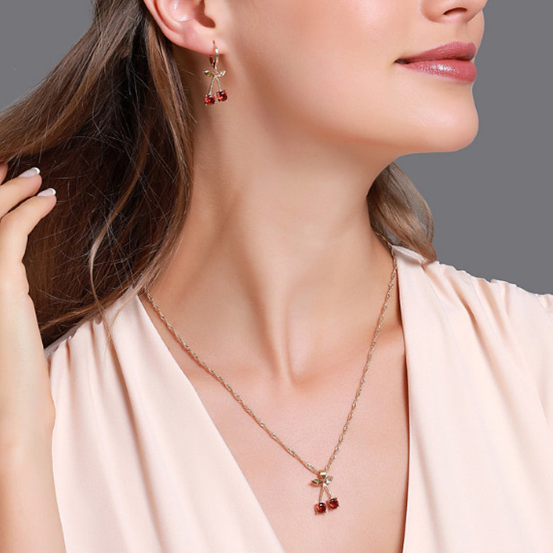 1 Set Necklace Earring Suit Cute Gemstone Cherry Womens Simple Versatile Faux Crystal Necklace Accessories Image 7