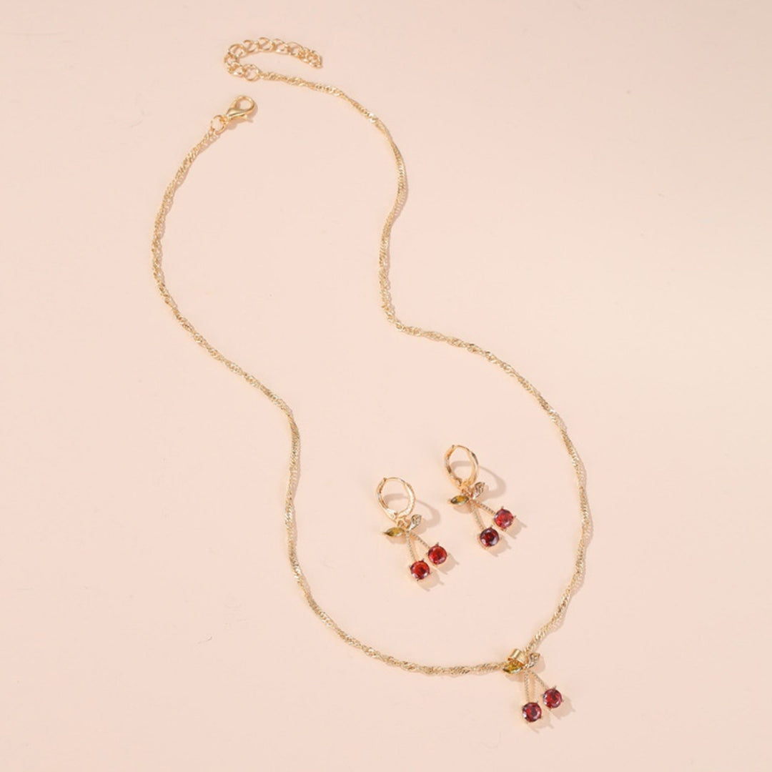 1 Set Necklace Earring Suit Cute Gemstone Cherry Womens Simple Versatile Faux Crystal Necklace Accessories Image 10