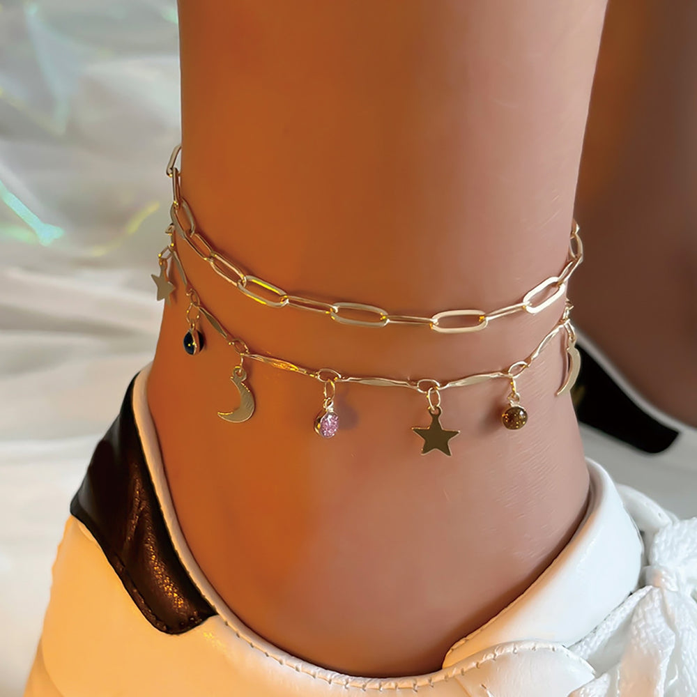 2Pcs Double Layers Adjustable Extended Chain Women Anklets Faux Gem Star Moon Pendant Anklets Footwear Image 2