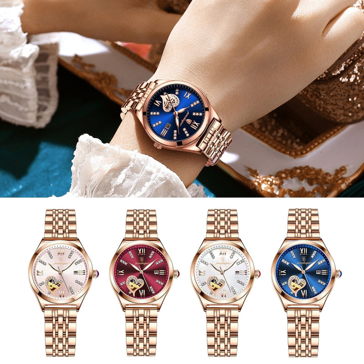 Women Watch Waterproof Luminous Stainless Steel Strap Round Calendar Display Rhinestone Dress Wristwatch Fashion Jewelry Image 6